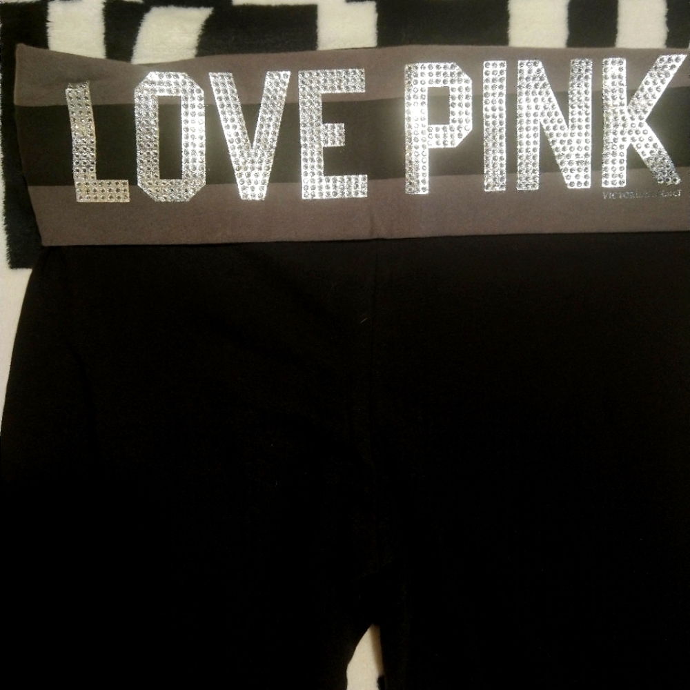 Nwt Victoria's Secret Pink Fold Over Yoga Flared Rhinestone Bling Leggings. M.